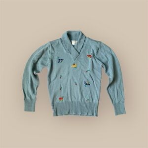 Vintage Sears floral knit V-neck collar sweater size medium